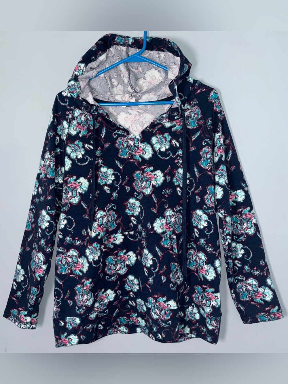 Pioneer Woman Women’s Medium Floral Hooded Pullover Fleece Sweatshirt Blue